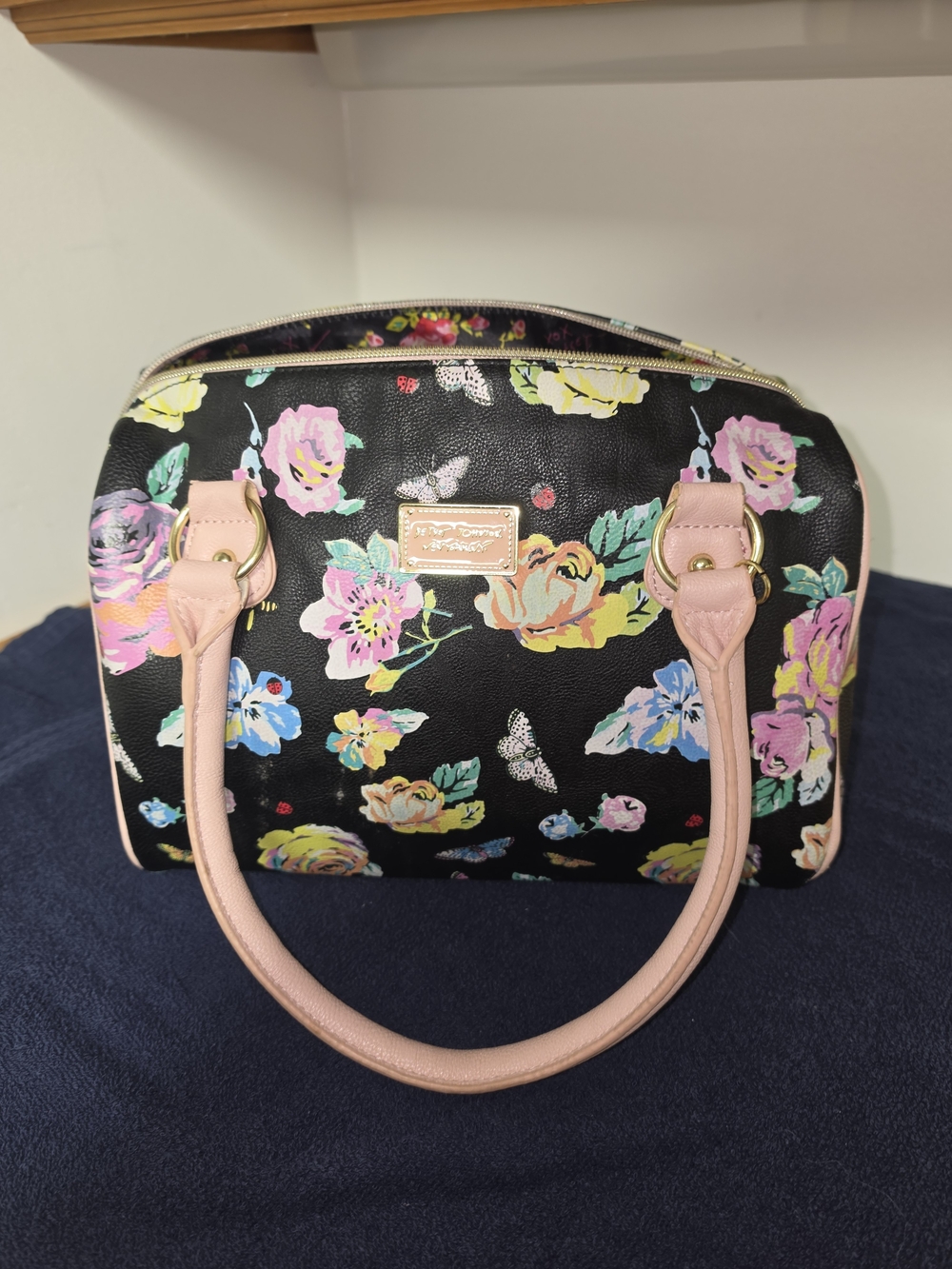 Betsey Johnson Black Floral Dome Satchel with Pink Handles